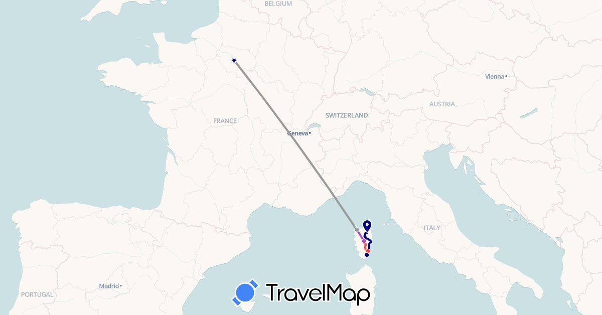 TravelMap itinerary: driving, plane, train, hiking in France (Europe)