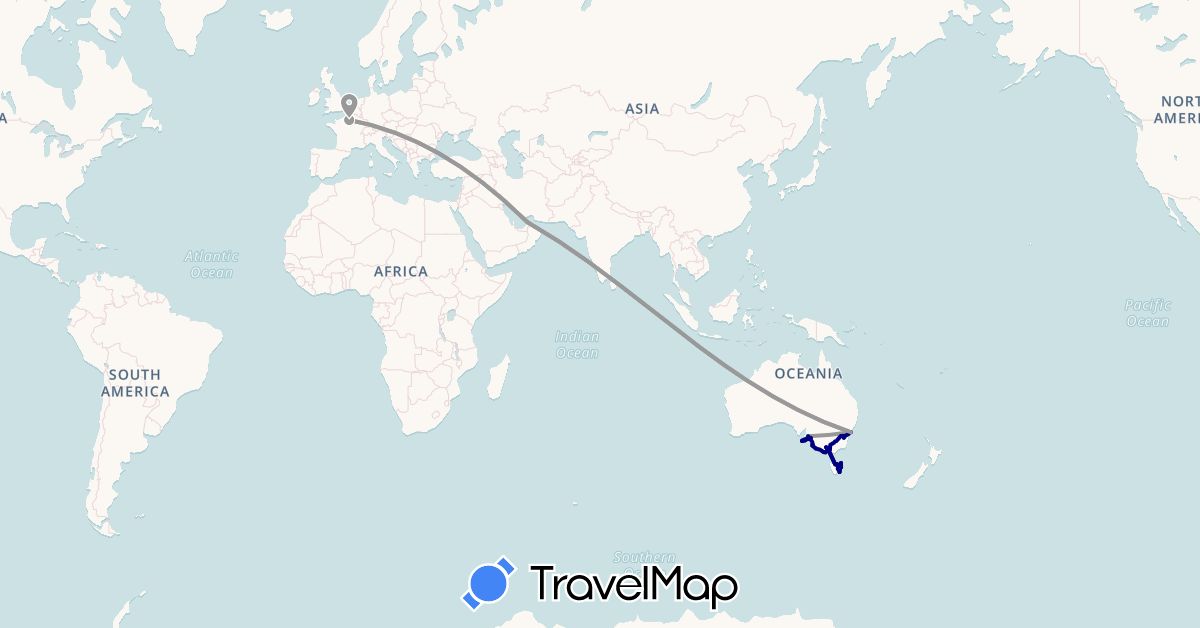 TravelMap itinerary: driving, plane, hiking in United Arab Emirates, Australia, France (Asia, Europe, Oceania)