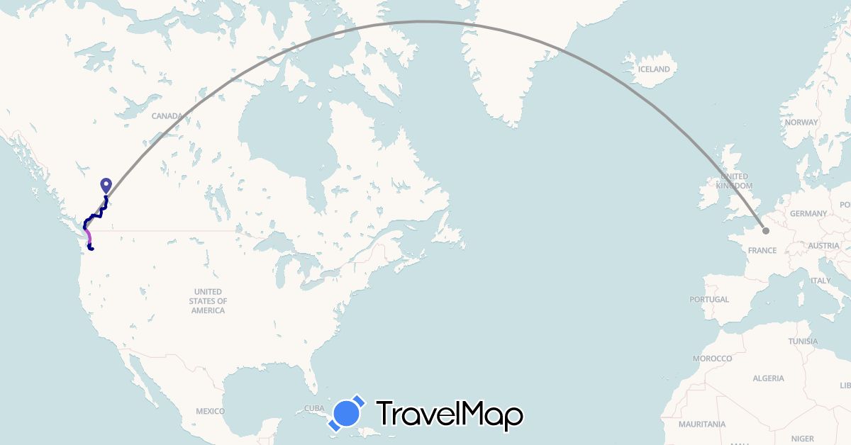 TravelMap itinerary: driving, plane, train, hiking in Canada, France, United States (Europe, North America)